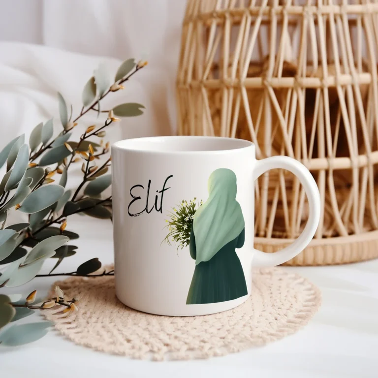 Islamische Tasse: Hijabi mit Blumenstrauß