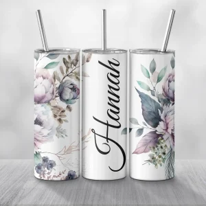 Thermobecher mit Initiale und Name – verziert mit bunten blumigem Dekor