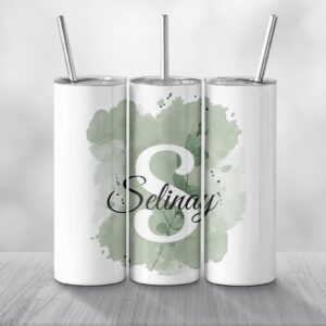 Thermobecher mit Initiale und Name – verziert mit blumigem Dekor in Grün