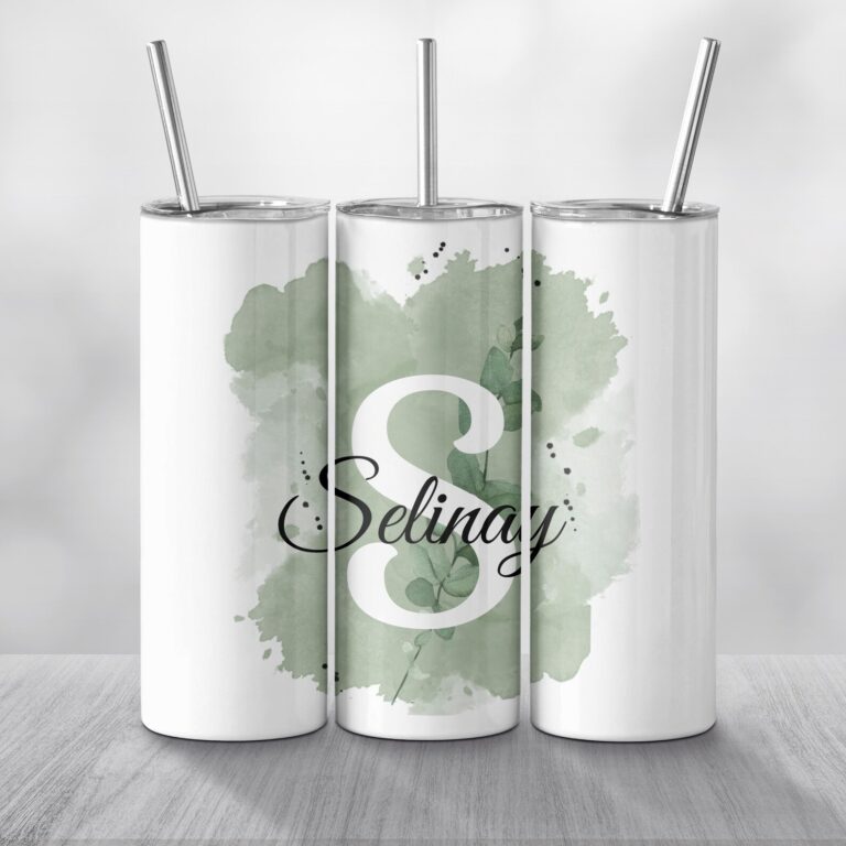 Thermobecher mit Initiale und Name – verziert mit blumigem Dekor in Grün